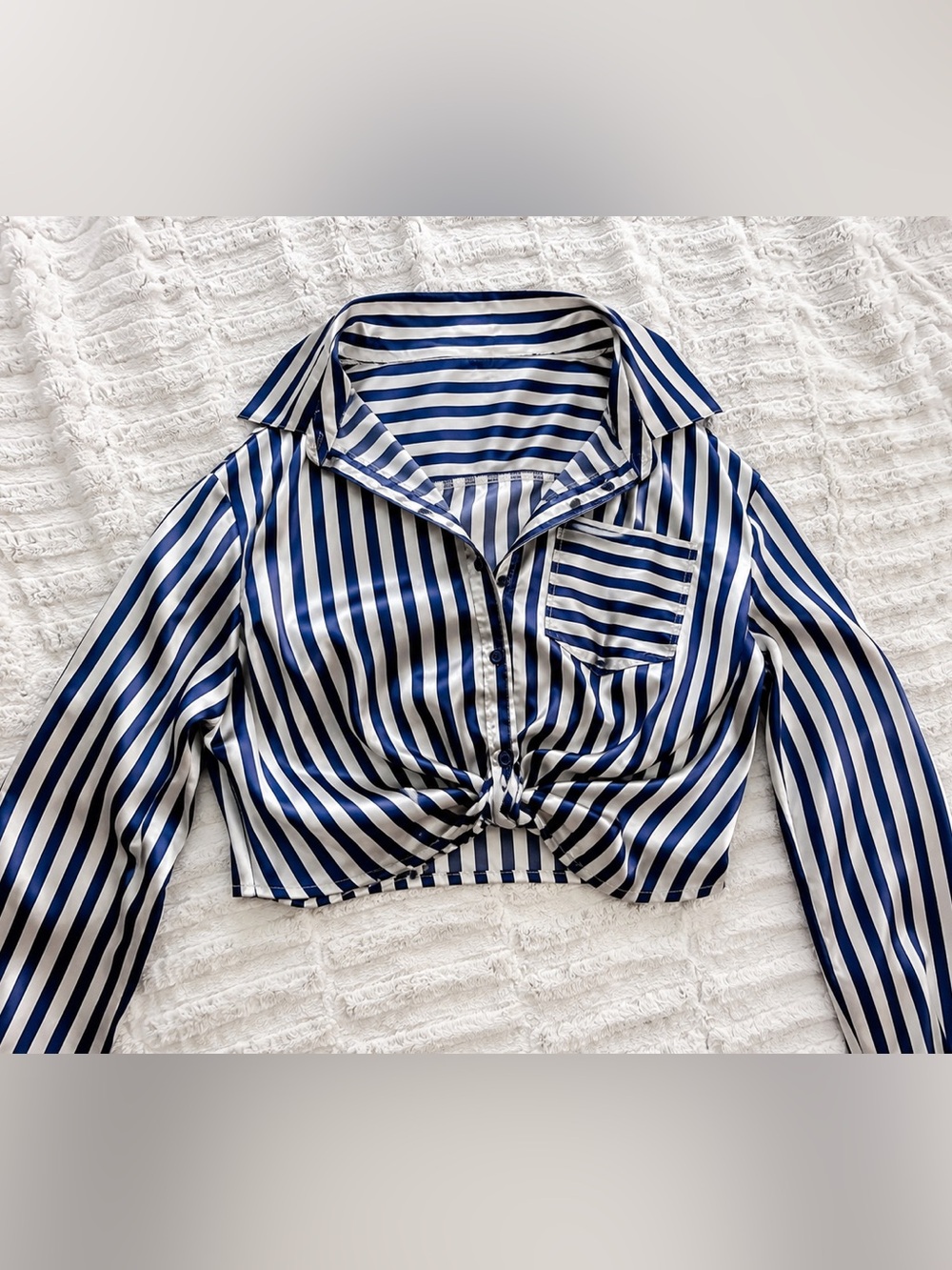 Lush Brand.  Satin. Blue and White Striped Tie-Front Button Down Crop Top